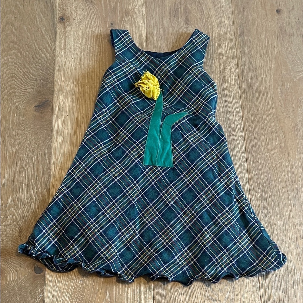 Vintage chocolate soup Plaid Kids Dress with Yellow Flower Accent size 3t